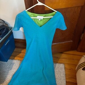 Donna Ricco Blue and Green Flutter Sleeve Sheath Dress